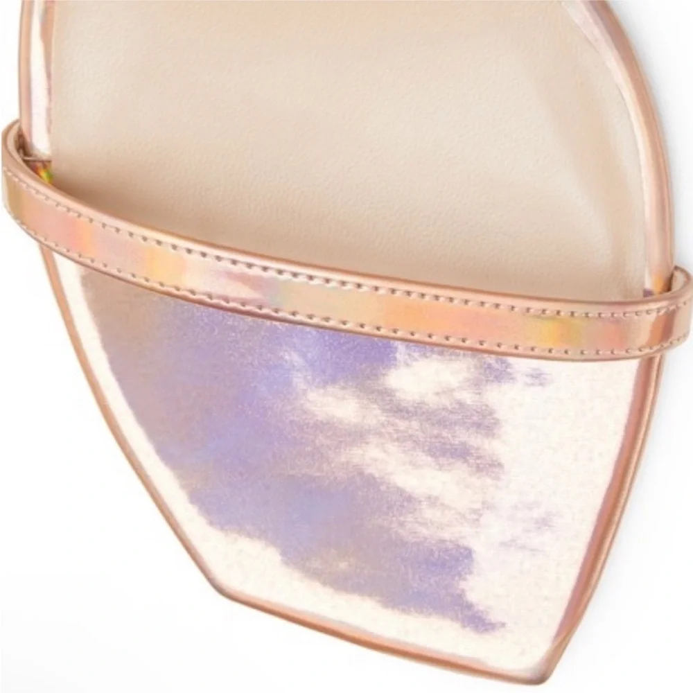 Stuart Weitzman Nudistcurve 100 Ankle Strap Heel Rose Gold Metallic Hologram